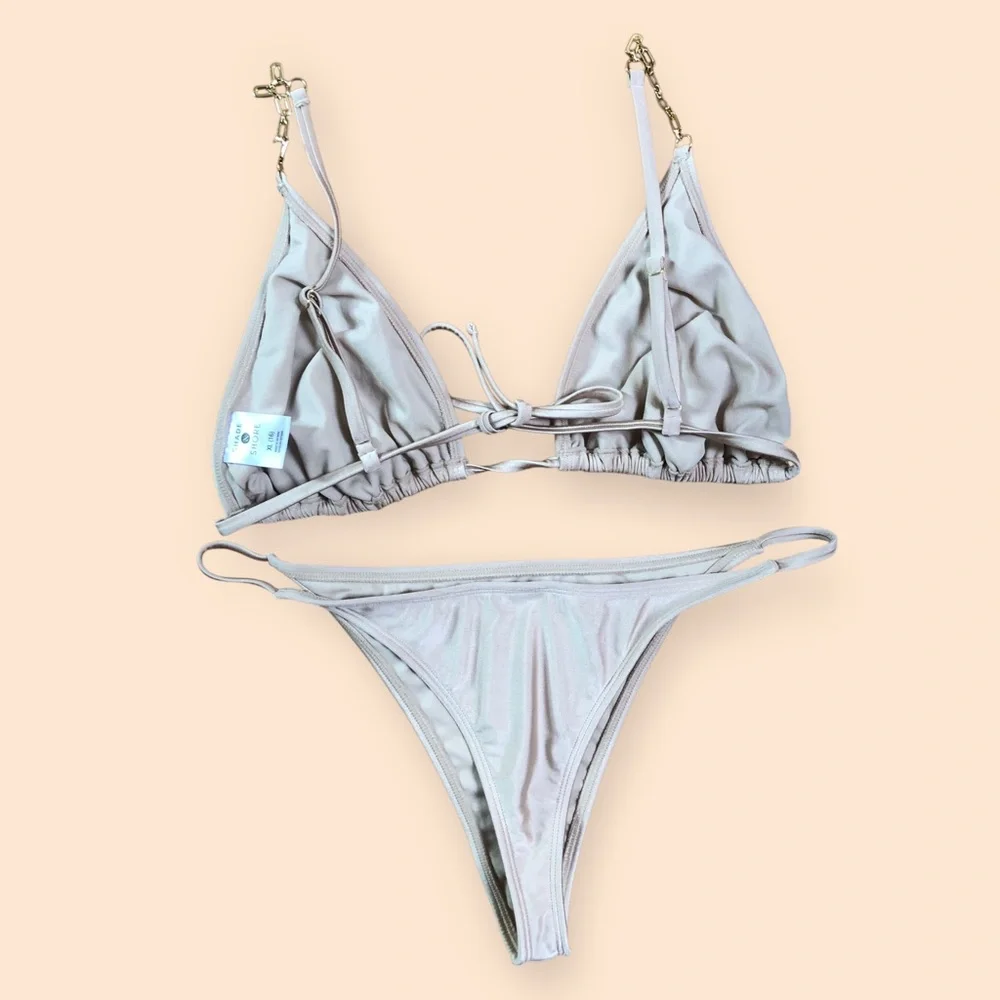 Shade & Shore Beige Shimmer Chain Two Piece Bikini Swimsuit Thong Women’s L/XL
